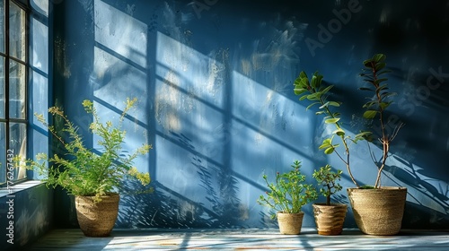   Three potted plants sit on a window sill, framed by a blue wall A shadow is cast upon the wall behind them photo
