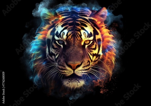 illustration of a tiger s head or tiger s face with colorful smoke effects