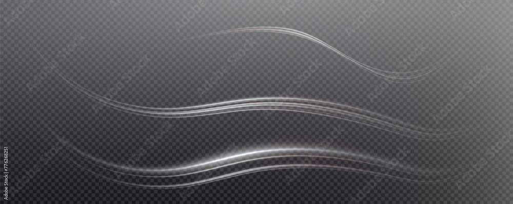 Vector png background with white glowing lines. White glowing lines of speed. Light glow effect. Light trail wave, fire trail line and glow curve swirl. Vector png background with white glowing lines. White glowing lines of speed. Light glow effect. Light trail wave, fire trail line and glow curve swirl.