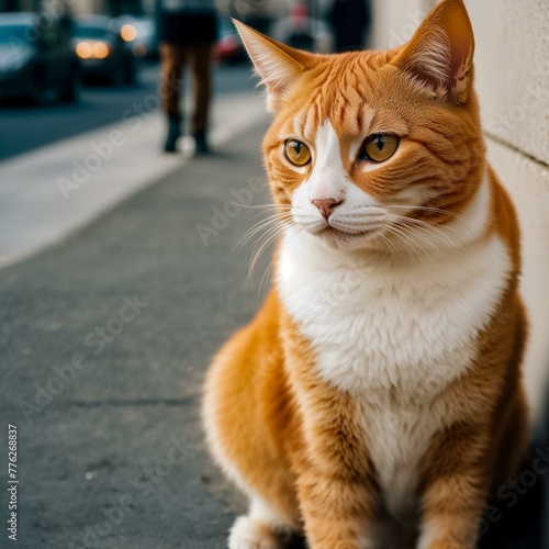 Portrait of an orange cat sitting on the sidewalk and looking at the camera. Generative AI © Evgenii