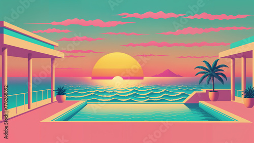 Opulent retrowave pink villa residence with infinity pool and sunset view over the ocean, warm sunny summer day vibe, relax and rewind in style.