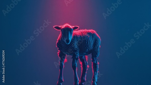   A black sheep, isolated in a room, faced a red light behind it photo