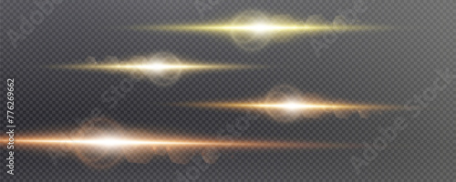Set of realistic vector gold stars png. Set of vector suns png. Gold flares with highlights. Horizontal light lines, laser, flash.	
