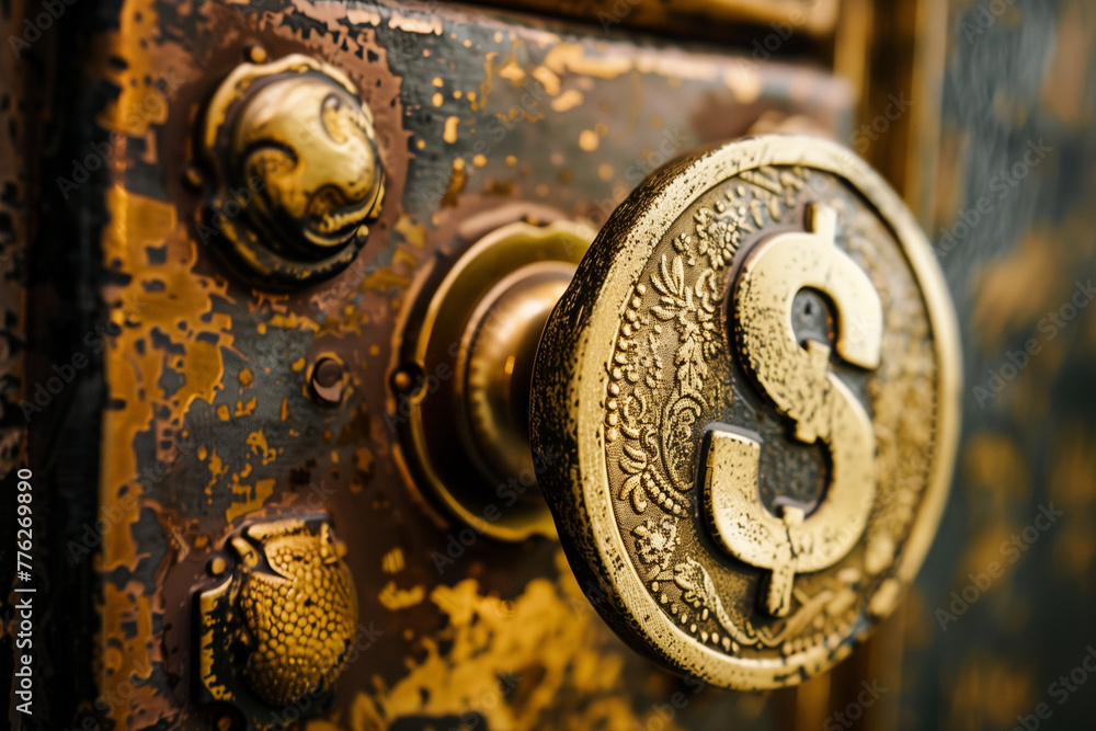 Detail view of a metal door handle with a dollar sign attached to a wooden door.
