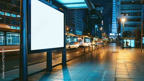 Rainy Night City Billboard. Street mockup. The glow of a blank billboard illuminates a rain-slicked city street at night, offering a reflective surface for advertising amidst the urban evening lights