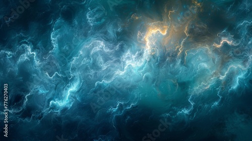 Vivid abstract background featuring swirls of blue and black with glowing golden accents, ideal for creative designs.