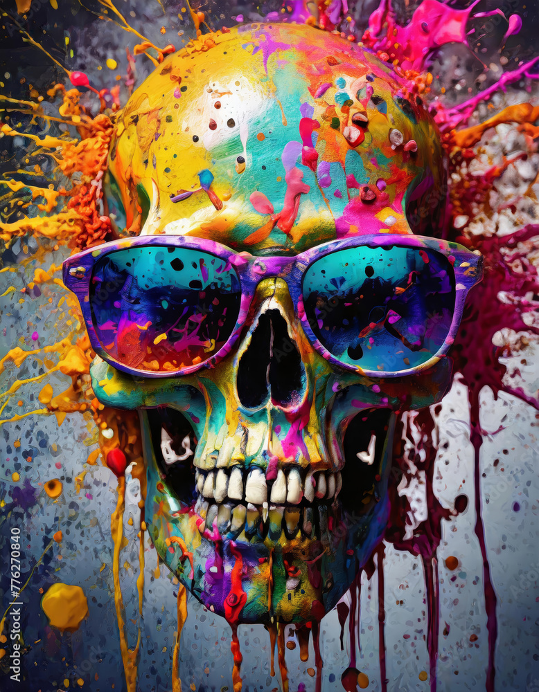A colorful skull wearing sunglasses