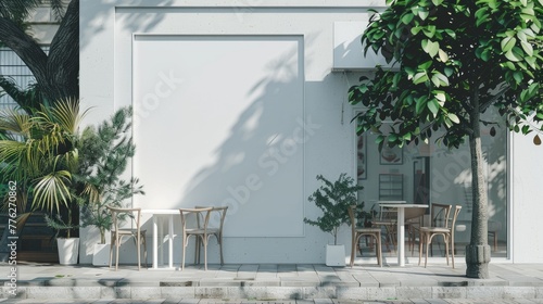 Street-facing blank display window nestled between urban greenery and a boutique entrance, perfect for business advertising in a pedestrian area. Modern Café Exterior with Blank Wall. Street mockup