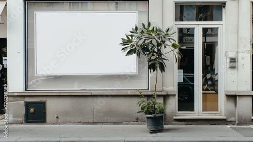 Street-facing blank display window nestled between urban greenery and a boutique entrance, perfect for business advertising in a pedestrian area. Modern Café Exterior with Blank Wall. Street mockup