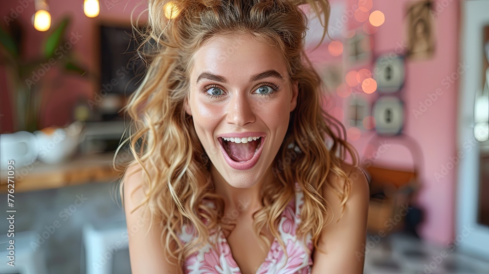 Close-up of a joyful young woman with vibrant eyes, surprised expression, and curly blond hair in an indoor setting. Close-up of a joyful young woman with vibrant eyes, surprised expression, and curly blond hair in an indoor setting.