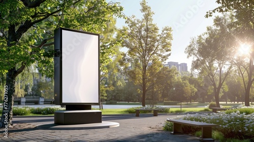 A stark blank billboard stands in the center of a lush park, surrounded by the vibrant greenery, inviting an eco-friendly message or nature-related advertising. Street mockup, advertising, promotion