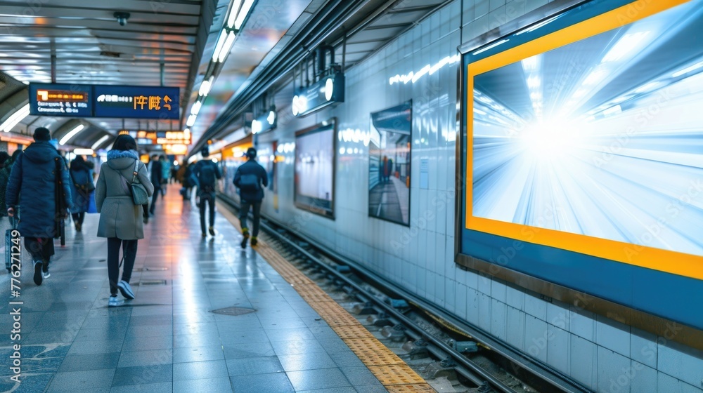 Obraz premium A bright advertisement display stands out in the subdued lighting of a subway station, capturing the attention of commuters against the backdrop of an approaching train. Illuminated Subway Ad Panel