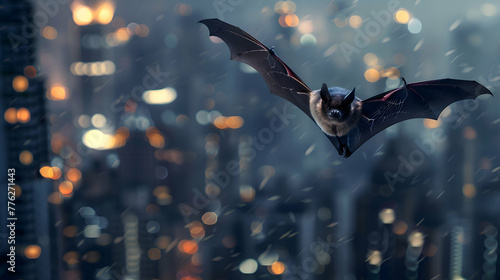A bat in mid-flight against a blurred cityscape at night, with twinkling lights creating a captivating atmosphere for text placement