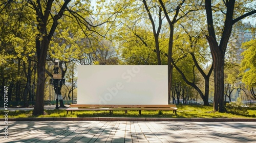 A stark blank billboard stands in the center of a lush park, surrounded by the vibrant greenery, inviting an eco-friendly message or nature-related advertising. Street mockup, advertising, promotion photo