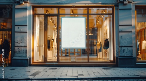 Boutique Storefront with Digital Display. An elegant boutique shop window at dusk, featuring a digital display screen for dynamic advertising amidst luxurious fashion items. Street mockup, advertising photo