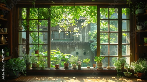  A window brimming with numerous plants adjacent to a sill, framing a view of water