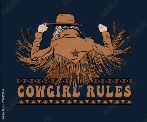 cowgirl in hat and jacket vector illustration, western folk art, vintage typography