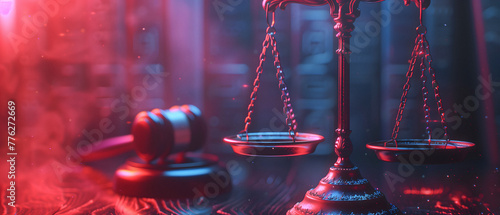 Judge Gavel And Scale Of Justice On Wooden Table Background And Books. Law Concept Abstract Web Banner On Red And Blue Background. Layer Or Attorney Workspace © Polina Zait
