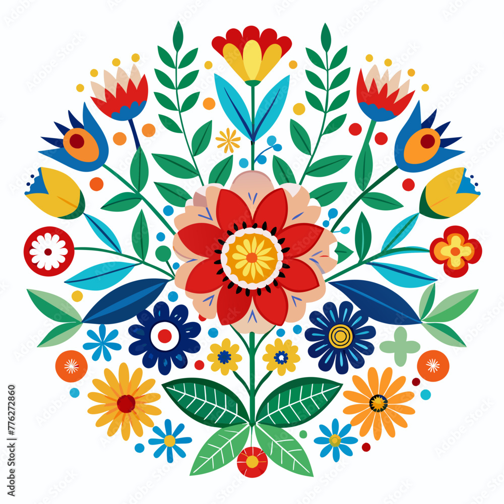 Multicolored flowers in scandinavian folk style isolated