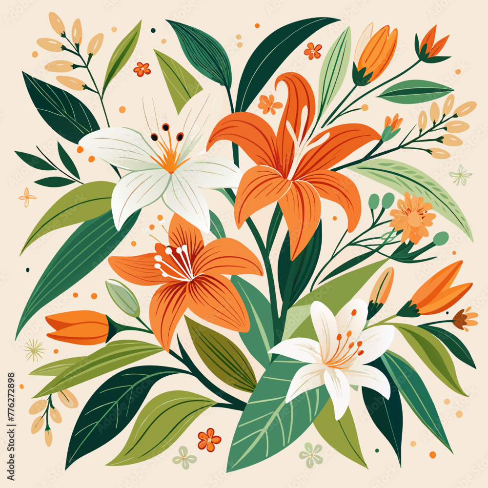 Floral background. Lilies. Bouquet. Orange. White. Green leaves. Flowers Floral background. Lilies. Bouquet. Orange. White. Green leaves. Flowers