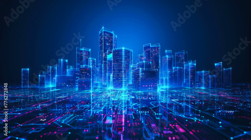 A cityscape is shown in blue with a lot of lights. The city is lit up and he is futuristic