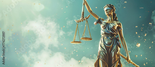 Lady Of Law And Justice Hold Justice Scale, Goddess Of Justitia Themis, Vivid Abstract Background Banner, Judgement And Legal System Symbol On Green Background