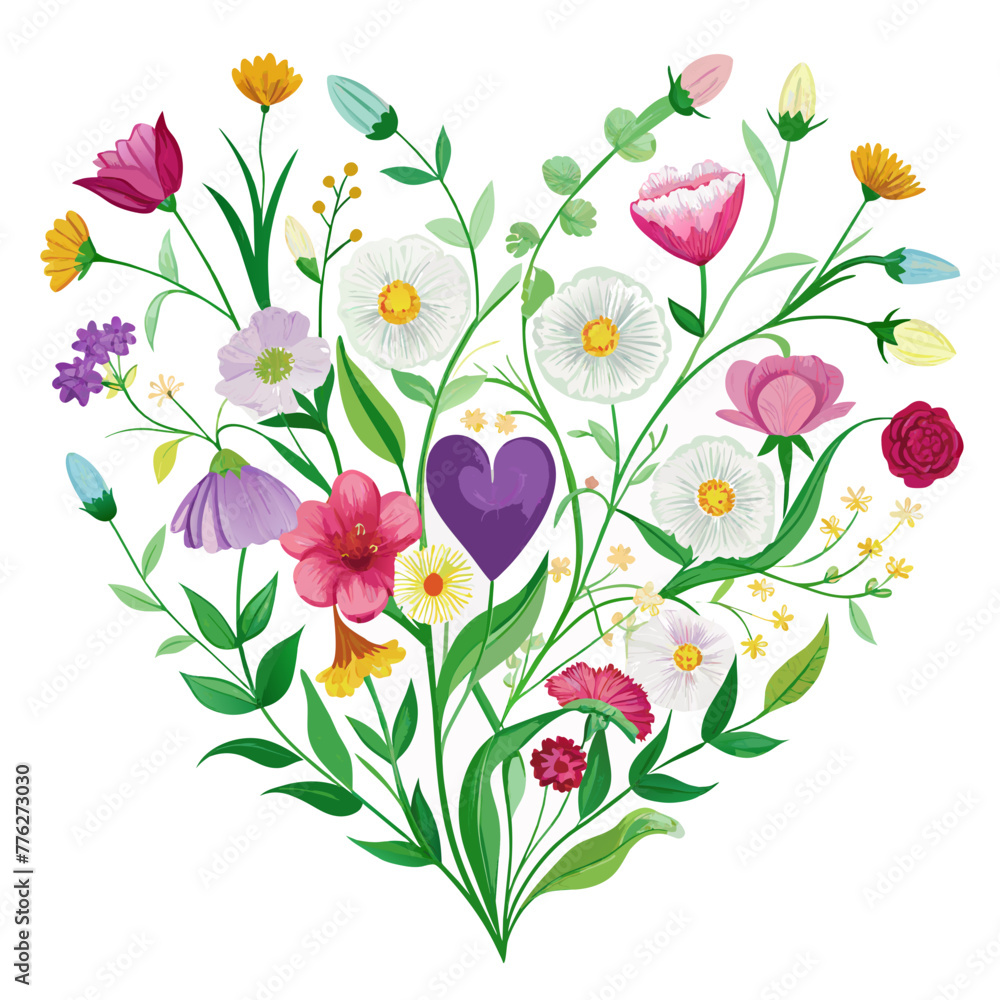 Heart of watercolor flowers of wild carnations, bell flowers and daisies
