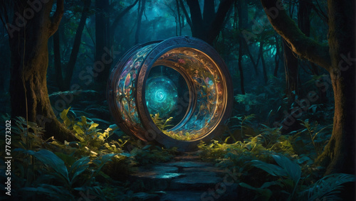 In a fantastical anime world, imagine a mesmerizing bioluminescent time capsule hidden in a mystical forest. #776273202