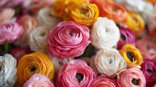   A tight shot of an assortment of pink  yellow  white  and dual-toned  blooms The center is occupied by a solitary flower