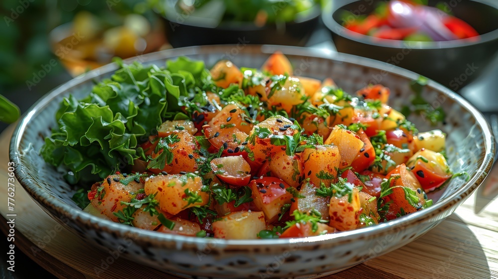 one filled with lettuce and tomatoes or.Detailed view of a table with lettuce, tomatoes in one filled with lettuce and tomatoes or.Detailed view of a table with lettuce, tomatoes in