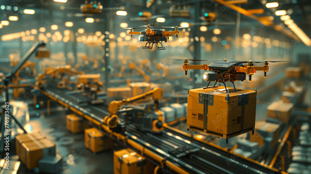 A drone autonomously carrying a package in a modern, automated warehouse with robotics and technology..