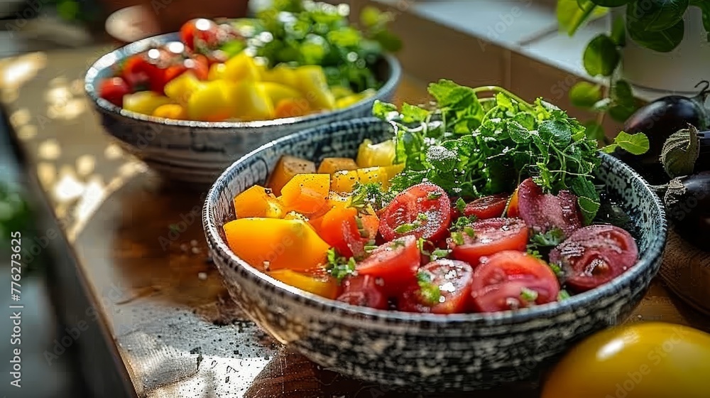   A wooden table holds two bowls, one filled with assorted fruits, the other with veggies Lemons and tomatoes sit nearby