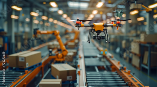 A camera-equipped drone flying through a high-tech automated distribution center with precision and surveillance capability..