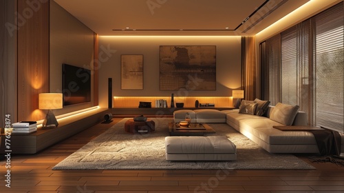 Illustrate a modern apartment interior with minimalistic lamp fixtures