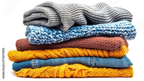 Pile of folded clothing, including jeans and sweaters, isolated on a pristine white background for optimal search engine visibility.