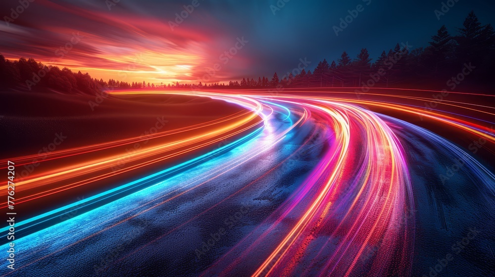 vibrant light streaks in foreground, trees in background vibrant light streaks in foreground, trees in background