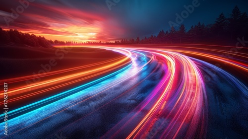  vibrant light streaks in foreground, trees in background