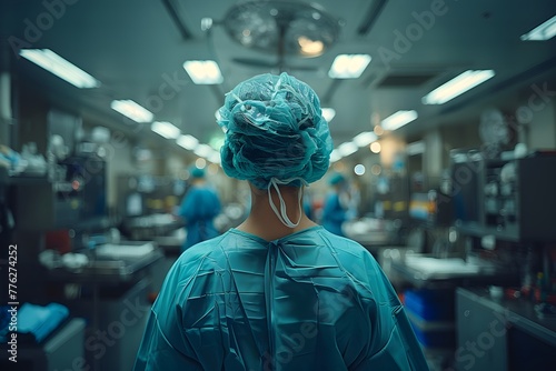 Doctora vistiendo gorro y ropa quirurgica azul entrando en un area  critica como quirofano o  terapia intensiva. Vista de espaldas al fondo personal de salud y mobiliario del hospital.




 photo