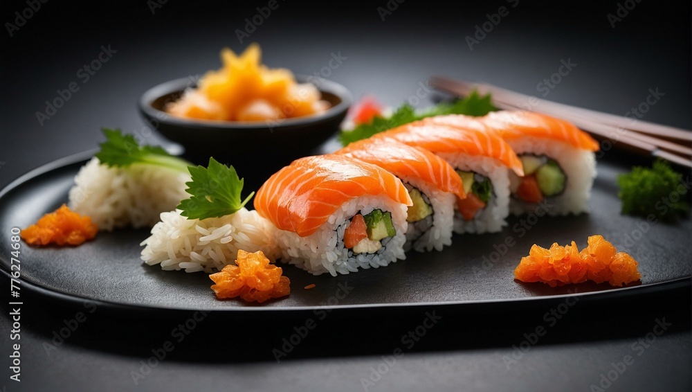 A tantalizing display of sushi with salmon, rice, and avocado, garnished with parsley and tobiko on a sleek dark plate A tantalizing display of sushi with salmon, rice, and avocado, garnished with parsley and tobiko on a sleek dark plate