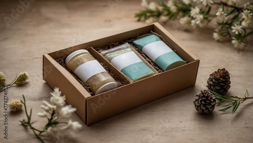 Artisanal soaps presented in a sustainable cardboard box amidst natural decorations