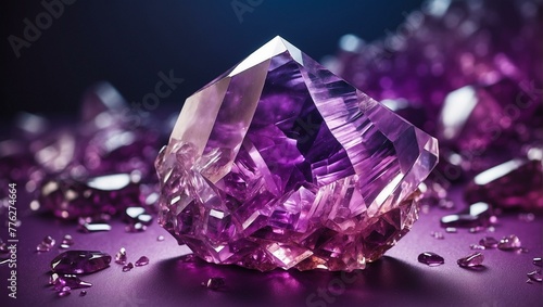 A stunning large amethyst crystal cluster glows against a dark purple backdrop highlighting its facets