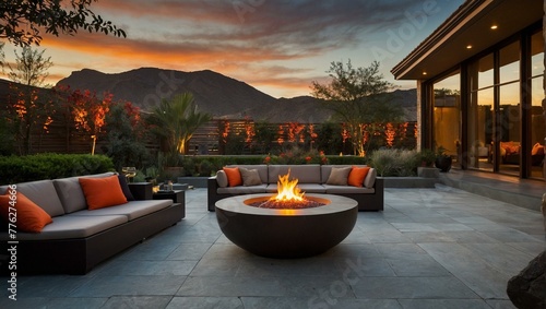 An elegant outdoor patio with a fire pit and cozy seating area  set against a backdrop of mountains and a sunset sky