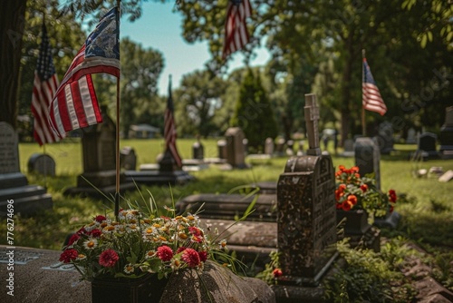 American flags on tombs of American Veterans on Memorial Day © Rida
