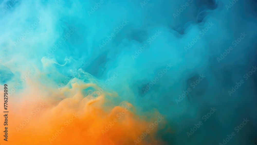 Smoke Orange, Teal background dark light bad fog mist. Background smoke cloud field dust