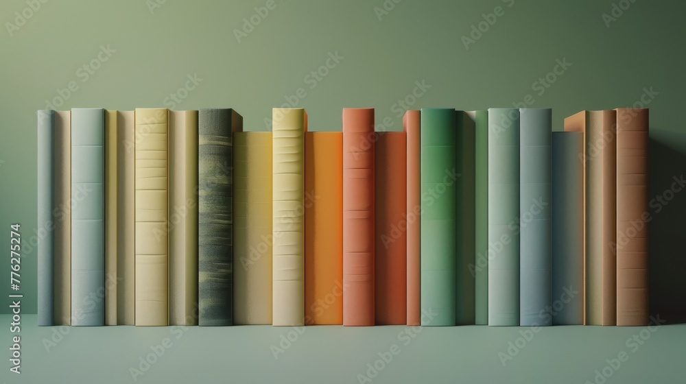 A harmonious illustration of 12 identical books, their spines blank but colored differently, arranged with precision A harmonious illustration of 12 identical books, their spines blank but colored differently, arranged with precision