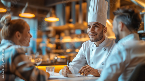 Professional Chef Discussing Menu with Colleagues in Modern Restaurant