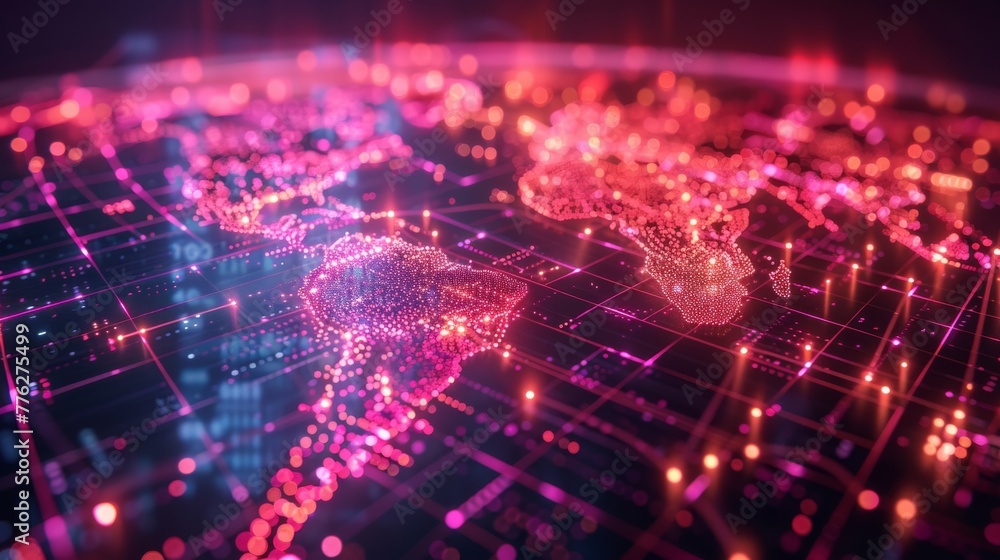Artificially connected continents on a global map, neon lines, ambient tech background, depicting an advanced internet network Artificially connected continents on a global map, neon lines, ambient tech background, depicting an advanced internet network