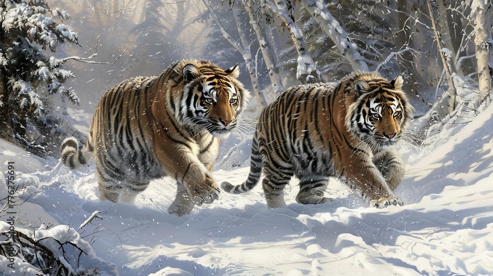 Siberian tigers, a majestic species of Panthera tigris, effortlessly traverse the snowy landscapes of their habitat.