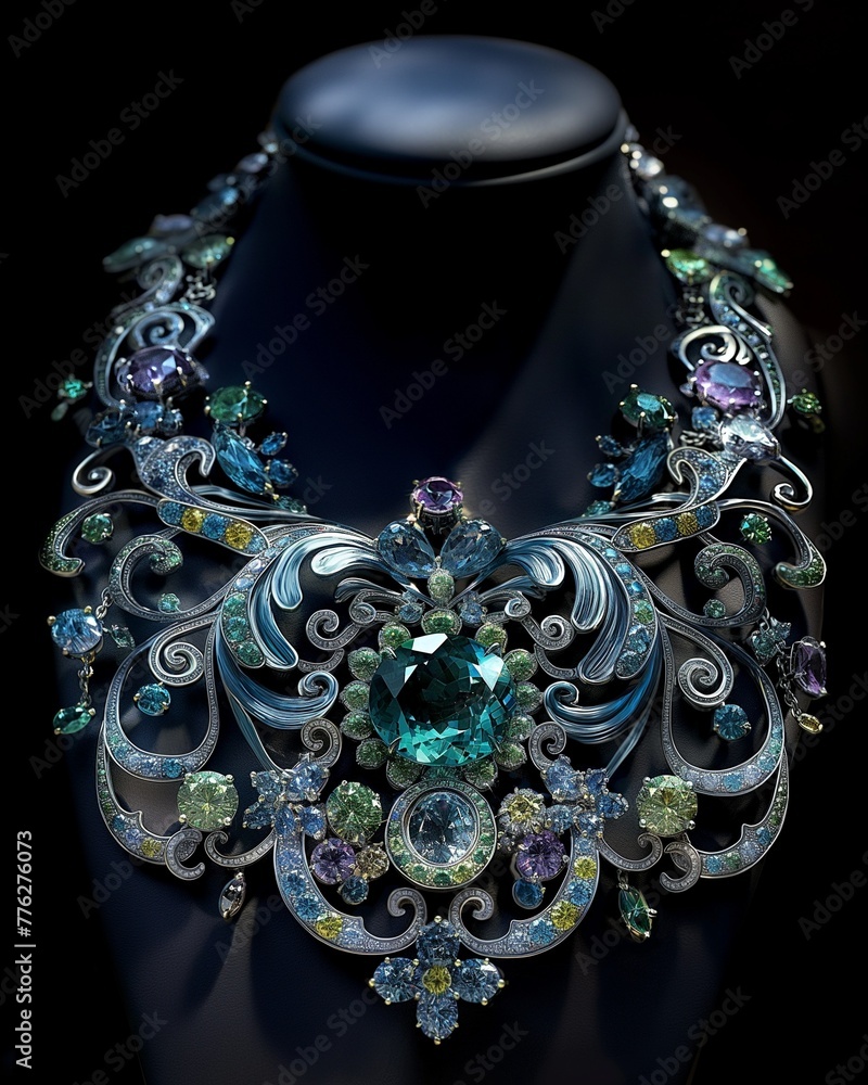 Stylish elegant necklace on a stand. Luxury jewelry