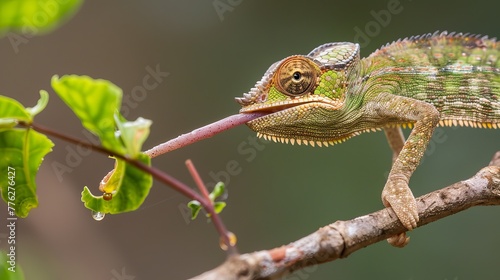 Stealthy reptile, the chameleon, captures its prey with its sticky tongue. Often spotted in green or brown, these color-changing masters blend seamlessly with their surroundings. © Suleyman